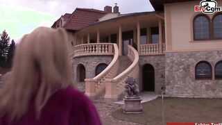 2 slender natural boobs girls into tights doing an anal three-way