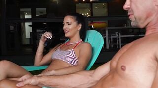Sensual slender step-daughter seduces old stepdad inside her bikini