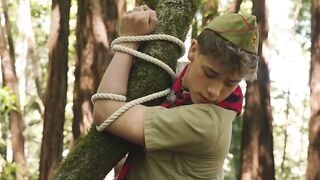 Twink scout tied up in tree and analed by two dick