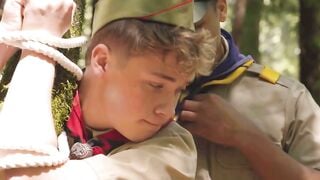Twinky scout bound up inside tree and analed by 2 cock