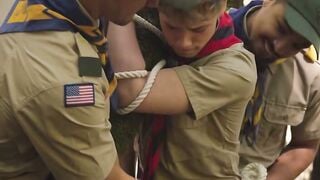 Twinky scout bound up inside tree and analed by 2 cock