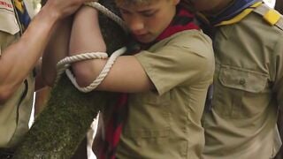 Twinky scout bound up inside tree and analed by 2 cock
