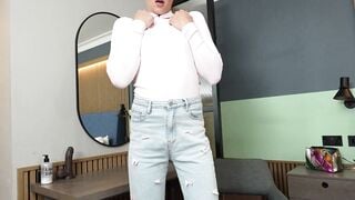 EURO TGIRLS British Brunette Trans Model Poses and Spreads in Bedroom Setting