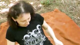Mature Brunette Granny Outdoor Sex On Forest Blanket