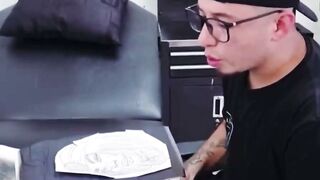 Tattooed Teen Sucks Cock Till Cum Drips on Face