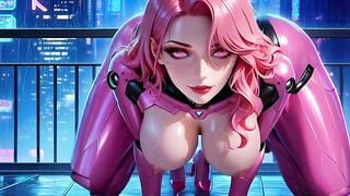 Pink android teases slow tongue before sticky facial