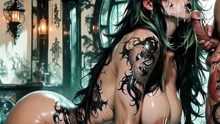 Ink queen rides thick cock deep then titfucked raw facial cum floods