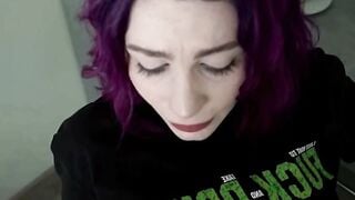 Purple-Haired Babe Sucks Cock in Tight T-Shirt