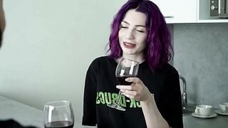 Purple-Haired Babe Sucks Cock in Tight T-Shirt