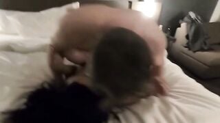 Dark-Haired Babe Sucks Cock Deep in Luxury Hotel Room