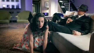 Petite Brunette Deepthroats Cock While Mistress Whips Wife's Ass