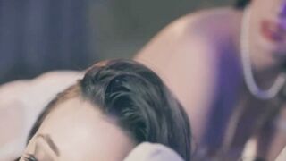 Petite Brunette Deepthroats Cock While Mistress Whips Wife's Ass