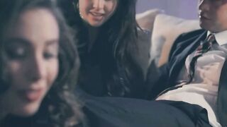 Petite Brunette Deepthroats Cock While Mistress Whips Wife's Ass