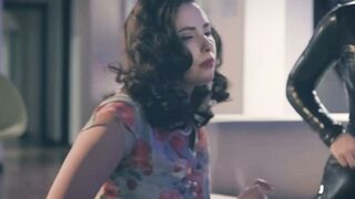 Petite Brunette Deepthroats Cock While Mistress Whips Wife's Ass