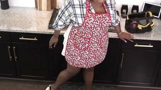 Ebony Tgirl Sucks Cock Raw in Kitchen Apron Before Doggy Style Ass Fuck