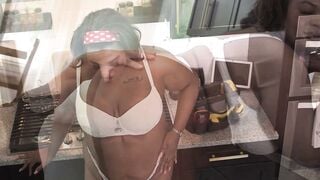 Ebony Tgirl Sucks Cock Raw in Kitchen Apron Before Doggy Style Ass Fuck