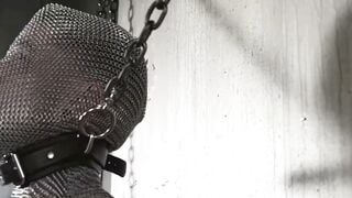 Quin Quire Suspended in Chainmail Hood & Steel Ball Gag Hardcore Gay BDSM Dungeon