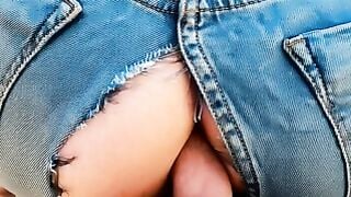 Tight Butt Plowed Through Ripped Jeans in Doggy Style