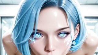 Silver-Haired AI Woman Deepthroats Cock in High-Tech Lab Exam