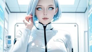 Silver-Haired AI Woman Deepthroats Cock in High-Tech Lab Exam