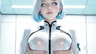 Silver-Haired AI Woman Deepthroats Cock in High-Tech Lab Exam