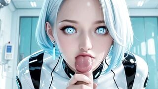 Silver-Haired AI Woman Deepthroats Cock in High-Tech Lab Exam