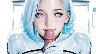 Silver-Haired AI Woman Deepthroats Cock in High-Tech Lab Exam