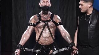 Troy Belt Tied Leather Harness Slave Gets Big Cock Milked Rough