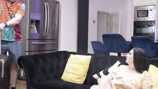 Tattooed Brunette MILF Sucks Cock Then Takes Hard Doggy Style on Black Couch