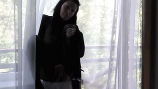 Tattooed MILF Masturbates at Window While Stepson Spies on Wet Pussy