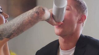 Suttin Deepthroats Brother's Best Friend & Gets Cum On Her Inked Tummy