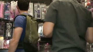 Muscular Gay Public Sex Shop Gangbang with Ball Gag
