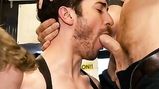 Muscular Gay Public Sex Shop Gangbang with Ball Gag