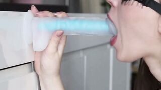 Blindfolded Babe Deepthroats Big Blue Dildo in Messy Solo Webcam Show