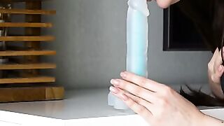 Blindfolded Babe Deepthroats Big Blue Dildo in Messy Solo Webcam Show