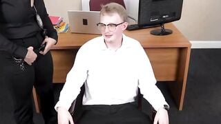 Freya & Lilly Deepthroat Bound Man in Office Threesome