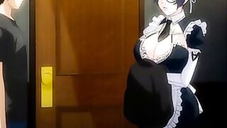 Busty Maid Deepthroats Shy Boy in Hentai Bath Dom Play