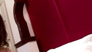 Brunette Shemale Sucks Cock In Tight Red Lingerie On Stairs
