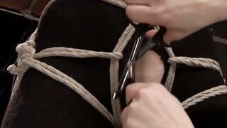 Bella Rossi Hogtied & Suspended in Tight Rope Bondage with Red Ball Gag
