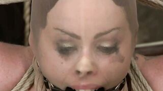 Bella Rossi Hogtied & Suspended in Tight Rope Bondage with Red Ball Gag