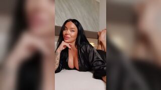 Tattooed Brunette Spreads Legs & Fingers Wet Pussy in Black Choker