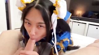 Chun Li Cosplay Teen Deepthroats Old Man & Gets Creampied on White Bed
