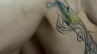 Tattooed Blonde Rides Huge Dildo In Bathroom Until She Cum