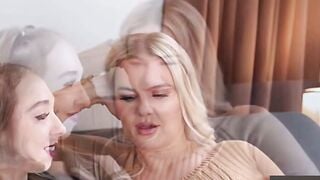 Blonde Step Mom Caught Jerking Off On Leather Couch While Step Daughter Watches
