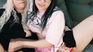 Trans GF Sucks Cock While Dark-Haired Girl Fingers Wet Pussy With Pink Toy
