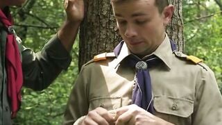 Muscular Scout Master Forces Naked Teen Twink to Suck Big Cock in Woods