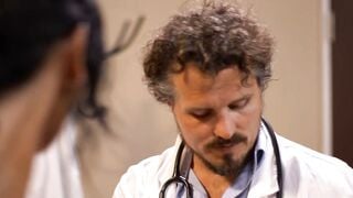 Busty Shemale Deepthroats Doctor's Big Cock in Office
