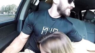 Blonde MILF Deepthroats Black Cock in Car POV Road Head