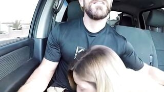 Blonde MILF Deepthroats Black Cock in Car POV Road Head