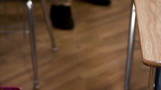 Tattooed Teacher Annie King Deepthroats Student's Big Cock in Classroom